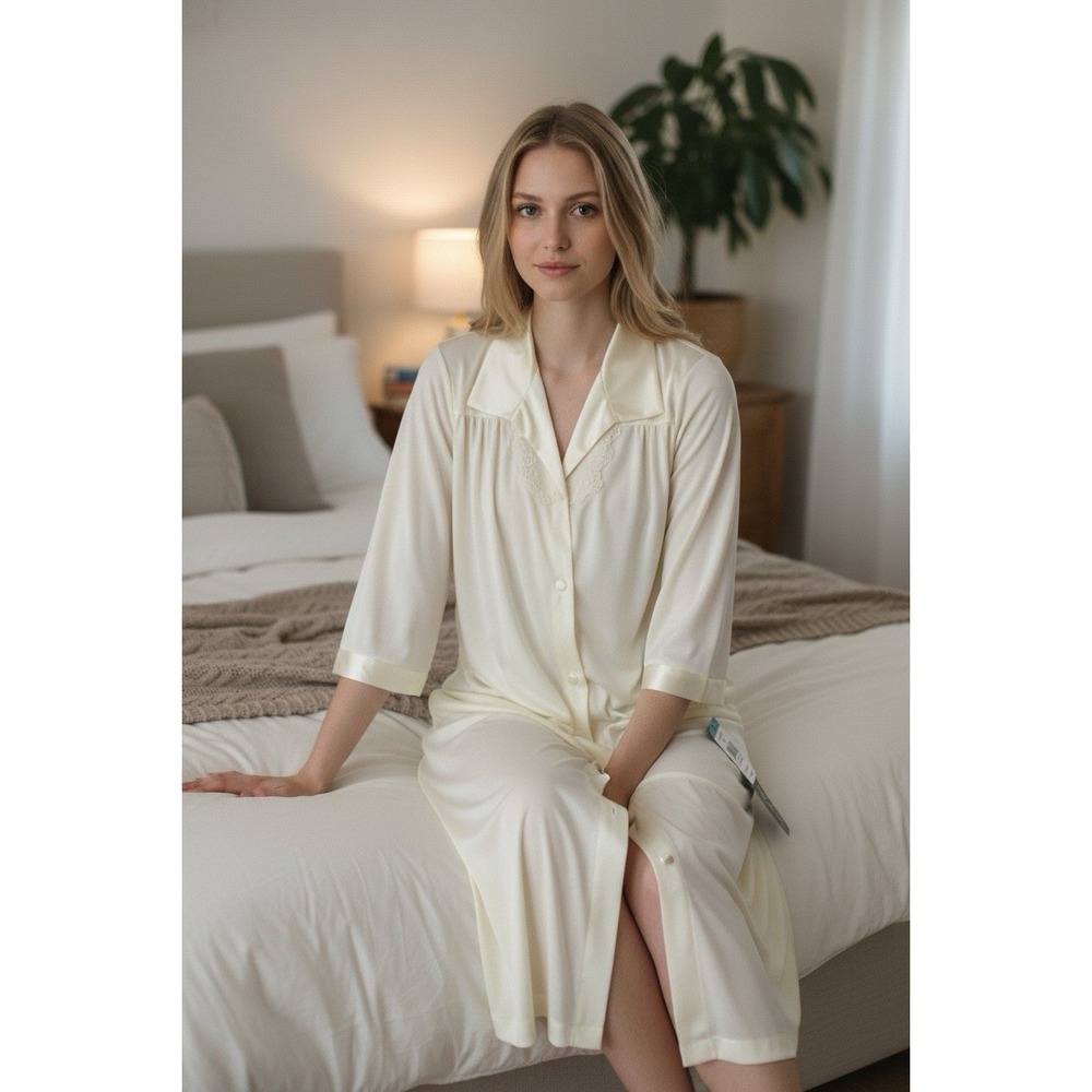 Vtg. Vanity Fair S Pale Yellow Nylon‎ Button Front Midi Robe Coquette Cottage